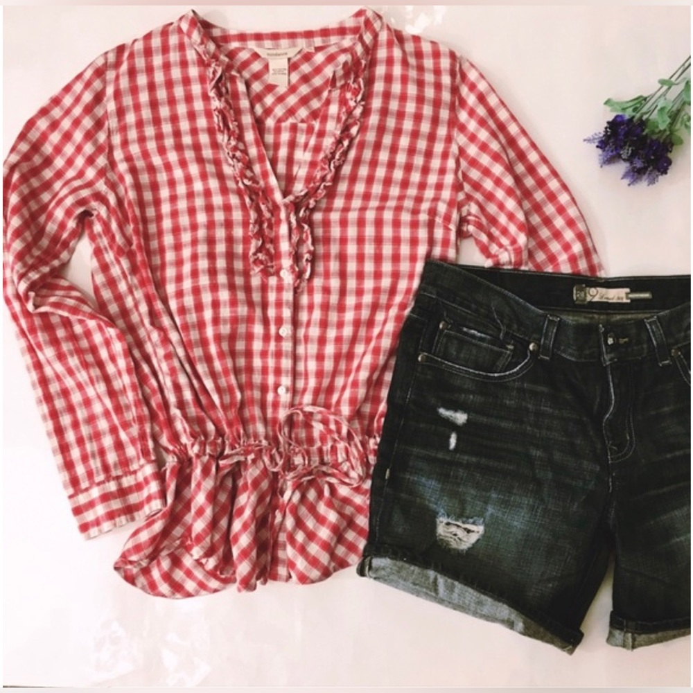 Sundance Blouse XS Red Plaid Check Prairie V Neck Button Front Flannel